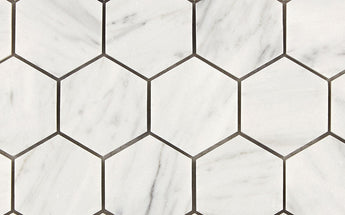 Bianco Carrara white marble hexagon mosaic tile close-up