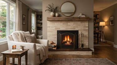 A cozy living room featuring a fireplace with a natural stone tile surround, styled with a comfortable armchair and a warm glow from the hearth for a grounded, homey feel.