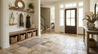 An entryway featuring a natural stone French Pattern (Versailles) mosaic floor, displaying a sophisticated staggered tile layout in warm earthy tones under soft natural light.