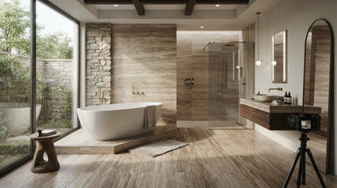 Philadelphia Travertine. It features those classic walnut and warm beige tones in a refined bathroom setting.