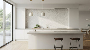 A Kitchen Backsplash Tile that focuses on the elegance and craftsmanship of natural stone tiling in a modern kitchen setting.