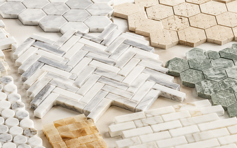 Natural stone mosaic tile collection featuring herringbone, hexagon, basketweave, penny round, brick and arabesque patterns.