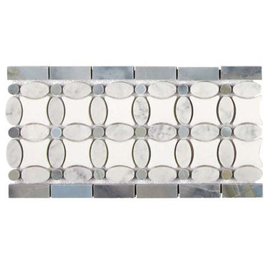 Thassos White Marble 5-3/4’’ X 11-1/4’’ Florida Flower Border (w/ Carrara Oval + Blue-Gray Dots) Polished/Honed Accent