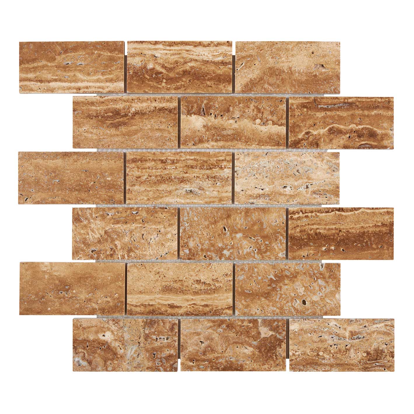 Noce Exotic Travertine Mosaic - 2x4 Brick Vein-Cut