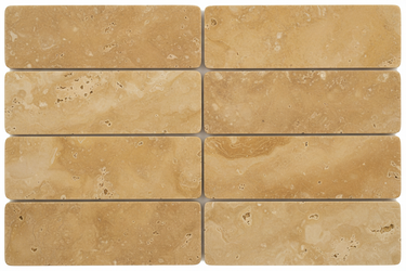 Eight horizontal 3x6 tumbled gold yellow travertine tiles arranged in a 4x2 layout