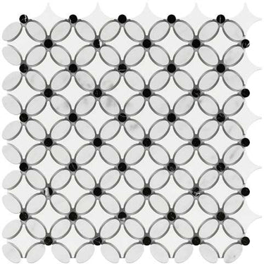Thassos White Marble Florida Flower Mosaic (w/ Carrara Oval + Black Dots) Polished/Honed Backsplash Tile