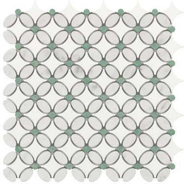 Thassos White Marble Florida Flower Mosaic (w/ Carrara Oval + Ming Green Dots) Polished/Honed Backsplash Tile