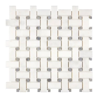 Afyon White Marble Basketweave Mosaic w/ Blue-Gray Dots Polished Backsplash Tile