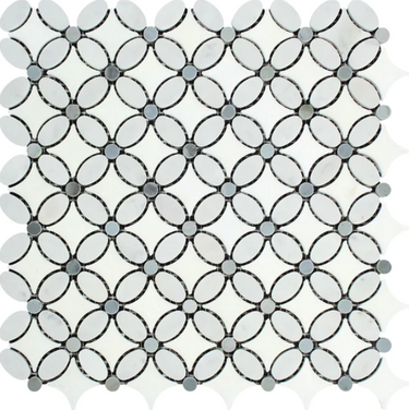 Bianco Carrara White Marble Florida Flower Mosaic with Blue-Gray Dots Wall Tile
