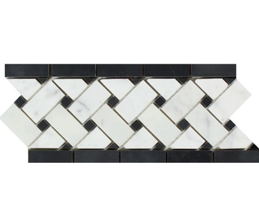 Bianco Carrara White Marble 4-3/4 X 12 Basketweave Border with Black Accent & Trim Tile