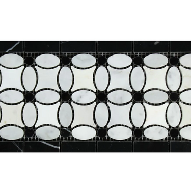 Bianco Carrara White Marble 5-3/4 X 11-1/4 Florida Flower Border with Black Accent & Trim Tile