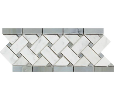 Bianco Carrara White Marble 4-3/4 X 12 Basketweave Border with Blue-Gray Accent & Trim Tile