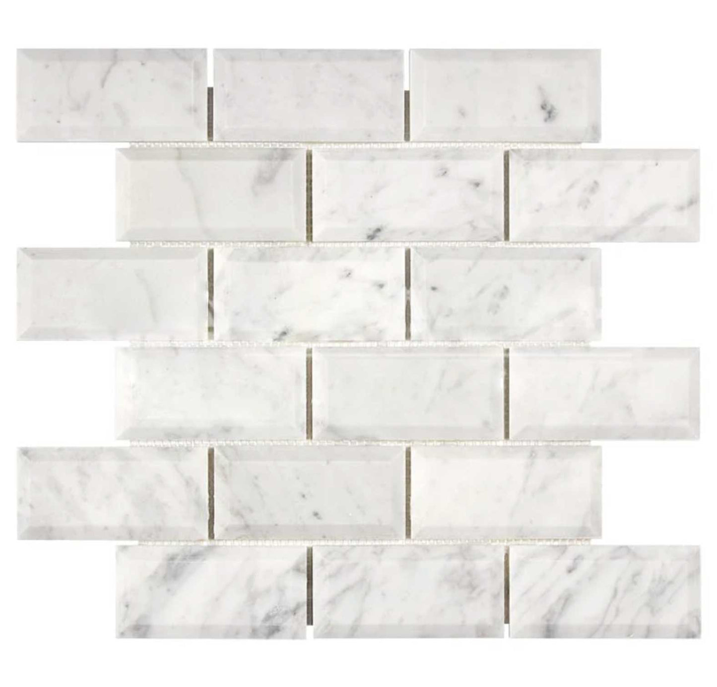 Bianco Carrara White Marble 2’’ X 4’’ Deep-Beveled Brick Mosaic Wall Tile