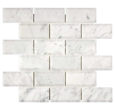 Bianco Carrara White Marble 2 X 4 Deep-Beveled Brick Mosaic Wall Tile