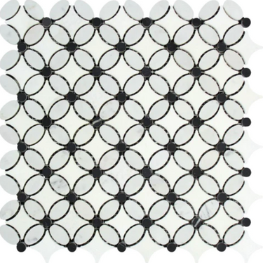 Bianco Carrara White Marble Florida Flower Mosaic with Black Dots Wall Tile
