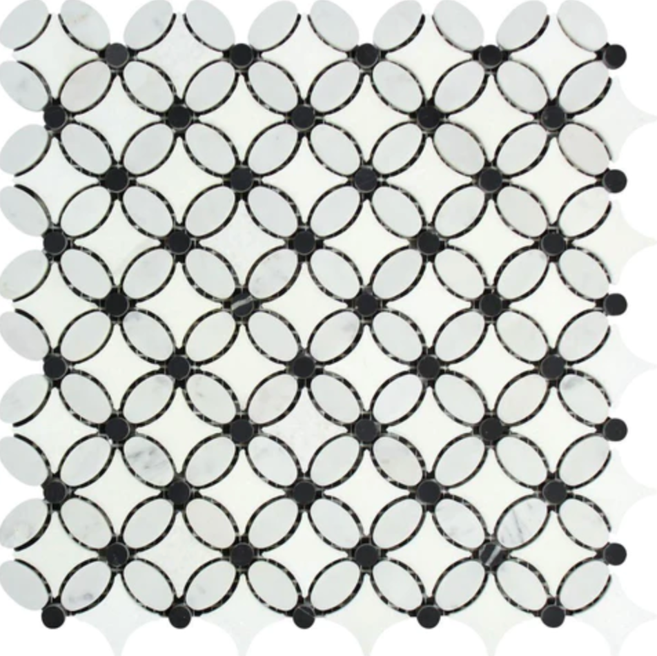 Bianco Carrara White Marble Florida Flower Mosaic (w/ Black Dots) Wall Tile