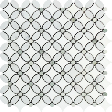 Bianco Carrara White Marble Florida Flower Mosaic with Ming Green Dots Wall Tile