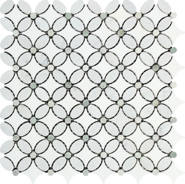 Bianco Carrara White Marble Florida Flower Mosaic with Ming Green Dots Wall Tile