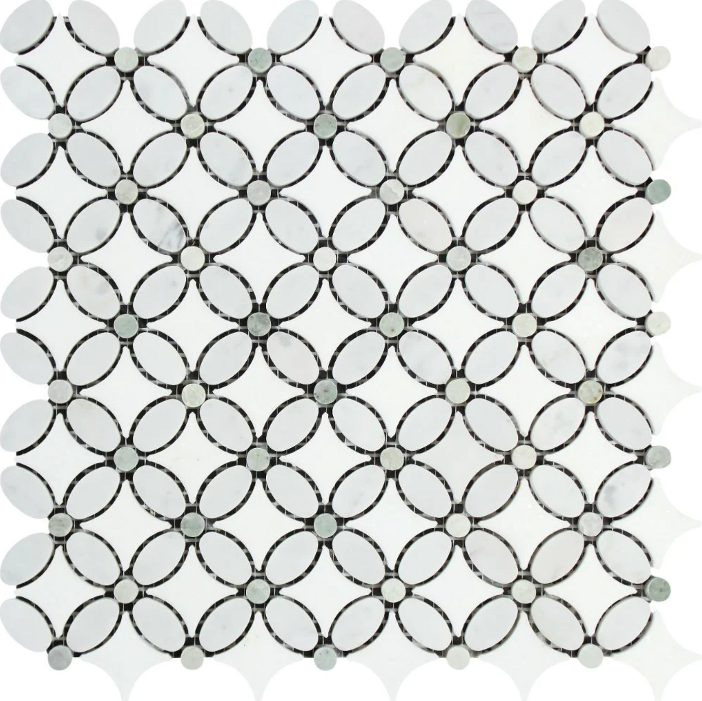 Bianco Carrara White Marble Florida Flower Mosaic (w/ Ming Green Dots) Wall Tile