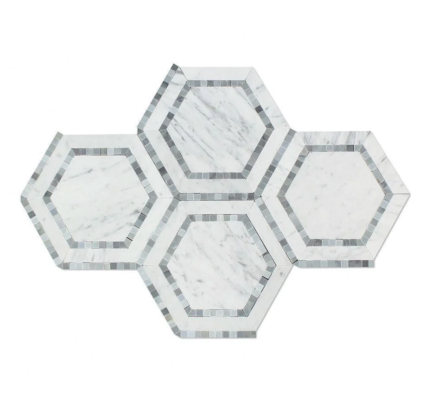 Bianco Carrara White Marble 5’’ X 5’’ Hexagon Combination Mosaic (w/ Blue-Gray) Wall Tile