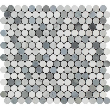Bianco Carrara White Marble Penny-Round Mosaic with Blue Gray Wall Tile