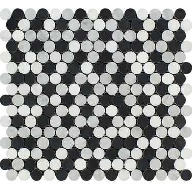 Bianco Carrara White Marble Penny-Round Mosaic with Black Wall Tile