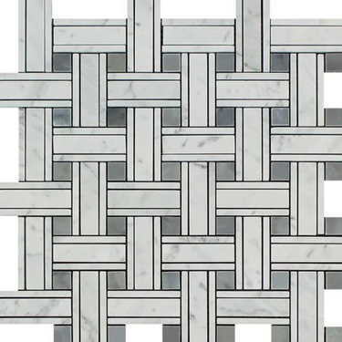 Bianco Carrara White Marble Triple-Weave Mosaic with Blue-Gray Wall Tile