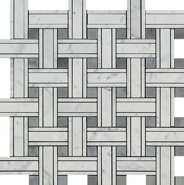 Bianco Carrara White Marble Triple-Weave Mosaic with Blue-Gray Wall Tile