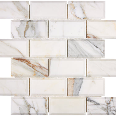 Calacatta Gold Marble 2’’ X 4’’ Deep-Beveled Brick Mosaic Wall Tile