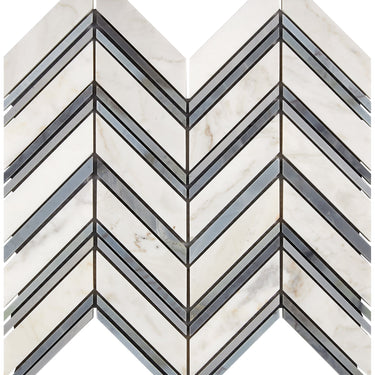 Calacatta Gold Marble Chevron Large Mosaic (w/ Blue-Gray) Wall Tile