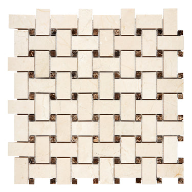 Crema Marfil Marble Basketweave Mosaic w/ Emperador Dark Dots Backsplash Tile