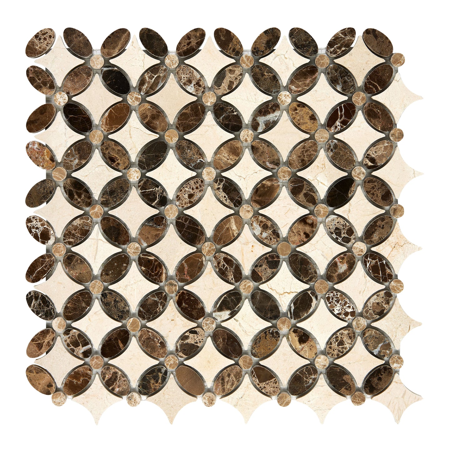 Crema Marfil Marble Florida Flower Mosaic (w/ Emp. Light Oval + Emp. Dark Dots) Polished/Honed Backsplash Tile