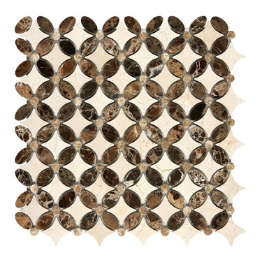 Crema Marfil Marble Florida Flower Mosaic (w/ Emp. Light Oval + Emp. Dark Dots) Polished/Honed Backsplash Tile