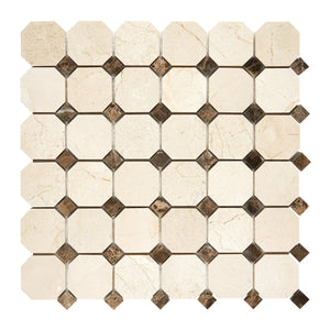 Crema Marfil Marble Mosaic - Octagon with Emperador Dark Dots