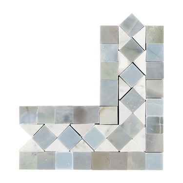 Bianco Carrara White Marble BIAS Border Corner with Blue-Gray Accent & Trim Tile