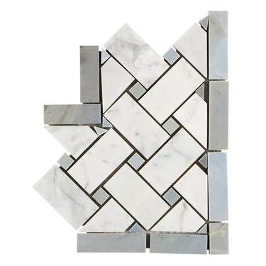 Bianco Carrara White Marble Basketweave Border Corner with Blue-Gray Accent & Trim Tile