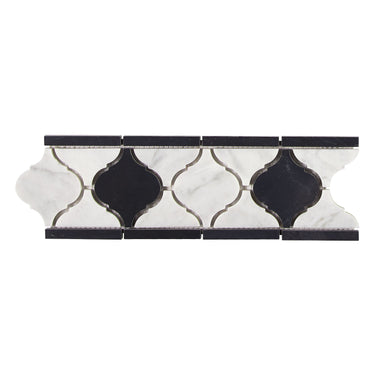 Bianco Carrara White Marble 3-7/8 X 11-5/8 Lantern Border with Black Accent & Trim Tile