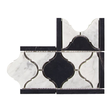 Bianco Carrara White Marble Lantern Border Corner with Black Accent & Trim Tile