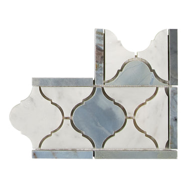 Bianco Carrara White Marble Lantern Border Corner with Blue-Gray Accent & Trim Tile