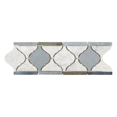 Bianco Carrara White Marble 3-7/8 X 11-5/8 Lantern Border with Blue-Gray Accent & Trim Tile