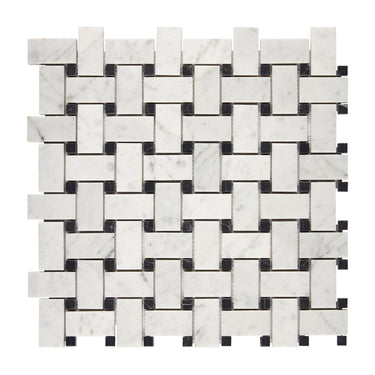 Bianco Carrara White Marble Basketweave Mosaic with Black Wall Tile