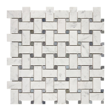 Bianco Carrara White Marble Basketweave Mosaic with Blue-Gray Wall Tile
