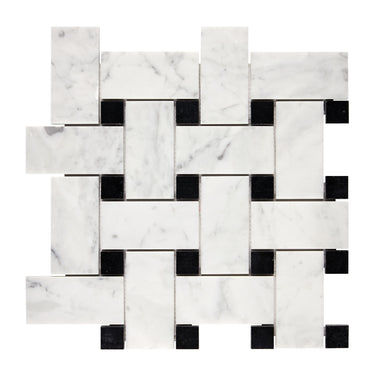 Bianco Carrara White Marble Basketweave Large Mosaic with Black Wall Tile
