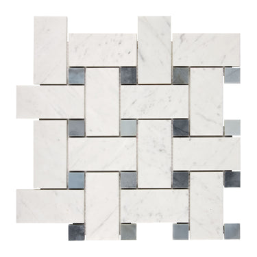 Bianco Carrara White Marble Basketweave Large Mosaic with Blue-Gray Wall Tile