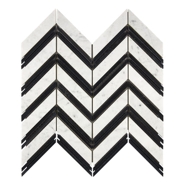 Bianco Carrara White Marble Chevron Large Mosaic with Black Wall Tile