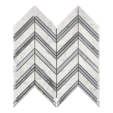 Bianco Carrara White Marble Chevron Large Mosaic with Blue-Gray Wall Tile
