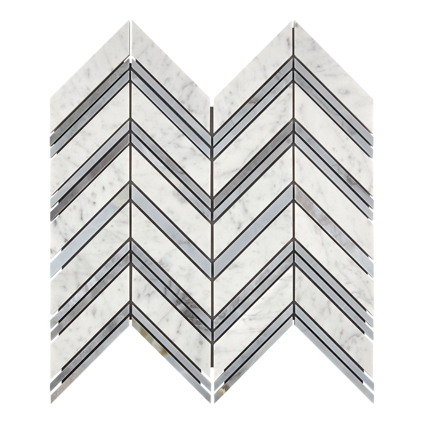 Bianco Carrara White Marble Chevron Large Mosaic (w/ Blue-Gray) Wall Tile