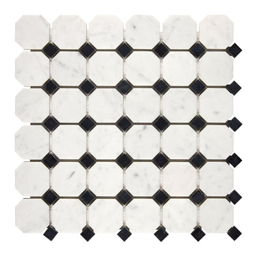 Bianco Carrara White Marble Octagon Mosaic with Black Wall Tile