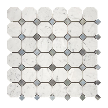Bianco Carrara White Marble Octagon Mosaic with Blue-Gray Wall Tile