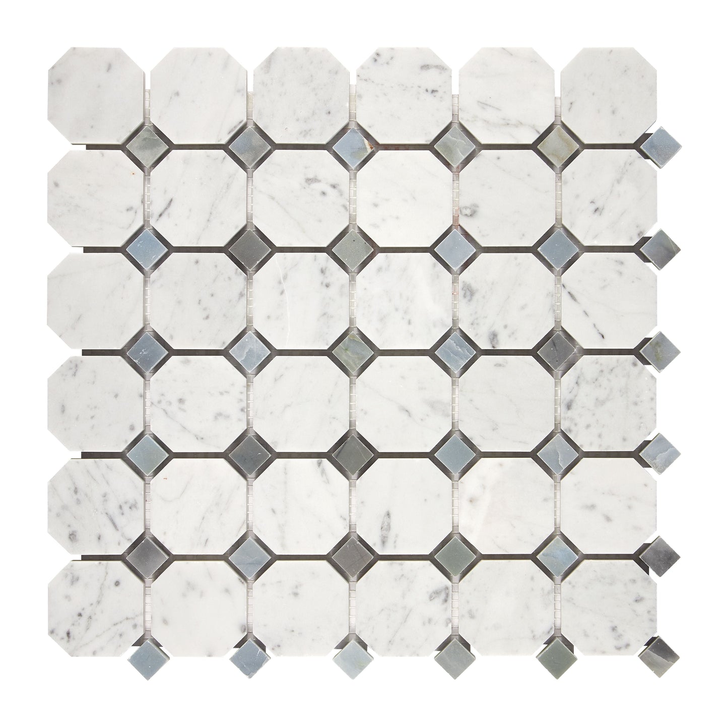 Bianco Carrara White Marble Octagon Mosaic (w/ Blue-Gray) Wall Tile